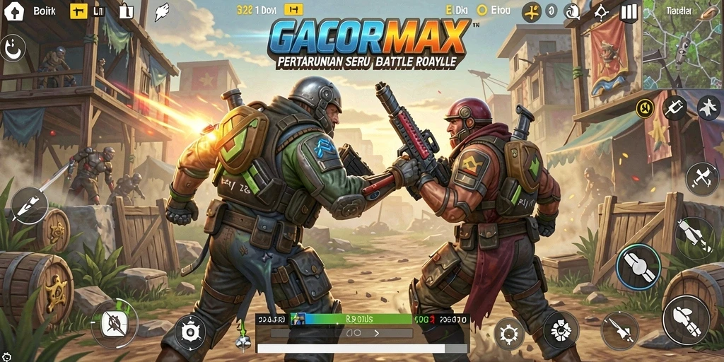 Screenshot gameplay GACORMAX menampilkan pertempuran mendebarkan dalam Battle Royale.