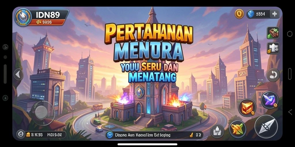 Tampilan gameplay seru dari IDN89 yang menampilkan pertahanan menara.