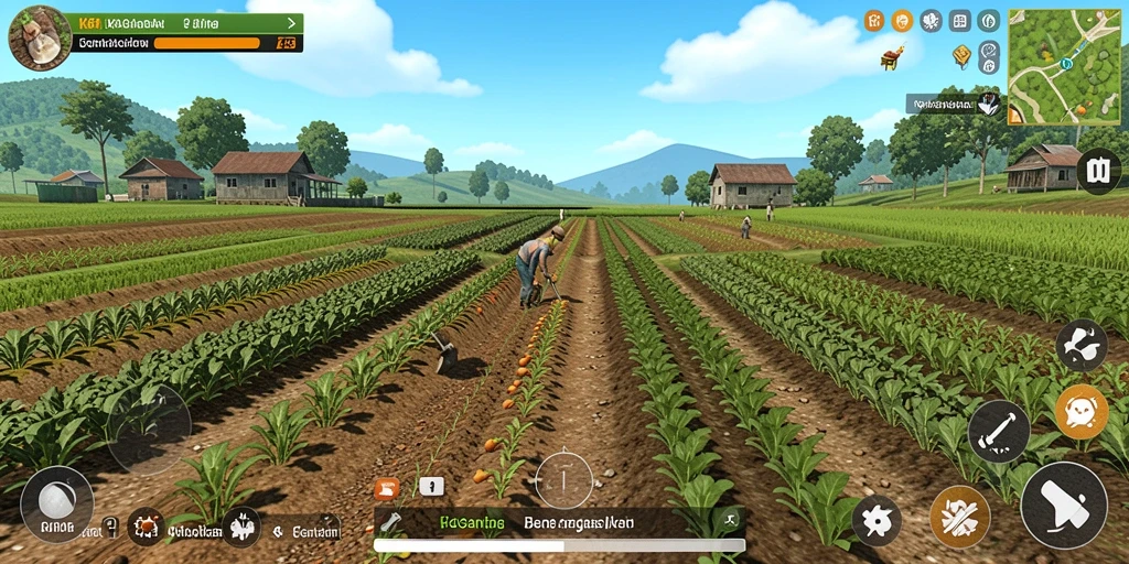Screenshot gameplay KAGANDAN yang mengasyikkan dengan pemandangan ladang subur.
