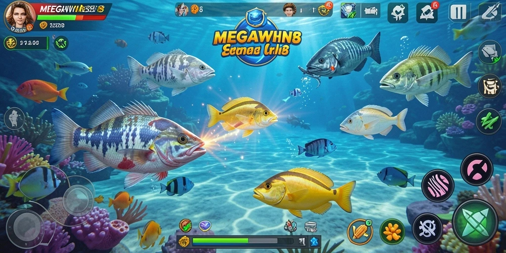 Menampilkan aksi seru dalam game Tembak Ikan MEGAWIN888.