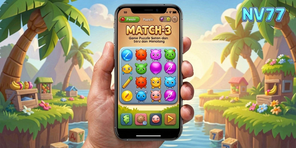 Screenshot NV77 menampilkan momen seru saat menyelesaikan level Match-3.