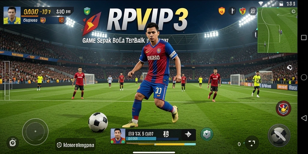 Screenshot RPVIP3 menampilkan aksi seru pertandingan sepak bola.