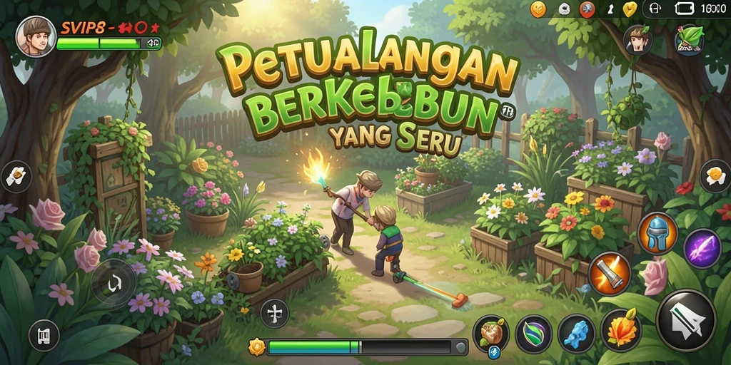 Screenshot gameplay SVIP8 menampilkan aktivitas berkebun yang menyenangkan.