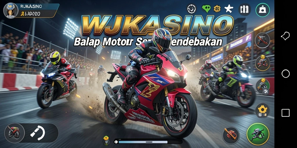 Screenshot gameplay WJKASINO menampilkan aksi balapan motor yang seru dan mendebarkan.